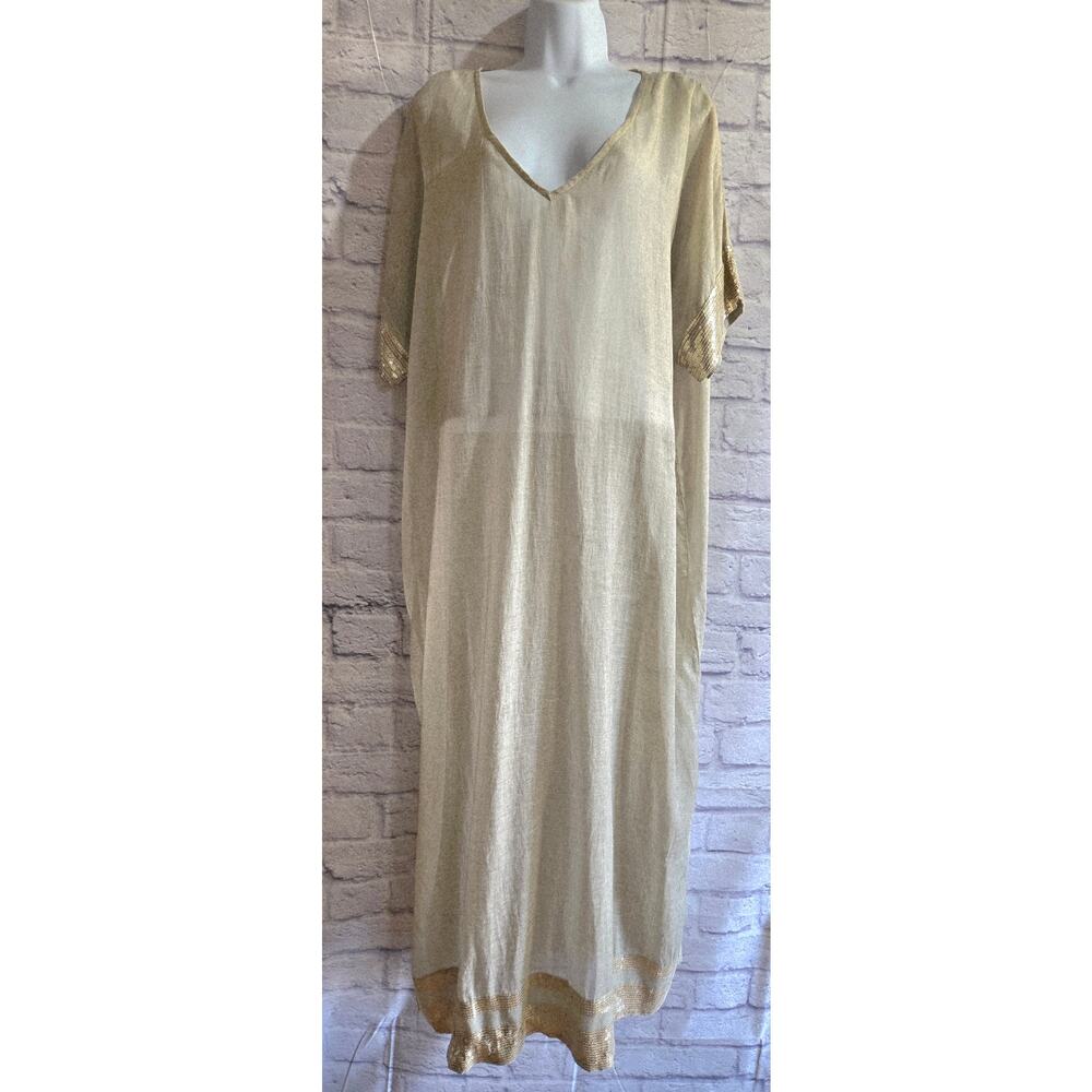 Dolma Tan with Sequin Trim Beize Kaftan Dolma Short Sleeves Boho One Size NWTS